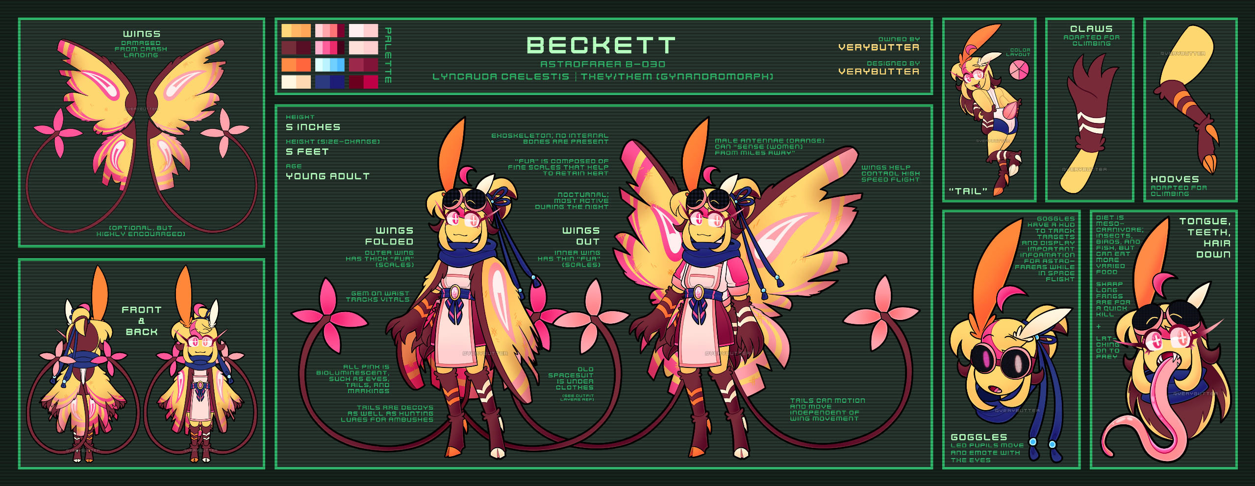 Beckett, Astrofarer B-030 Lyncauda caelestis | they/them (gynandromorph) Owned and designed by verybutter Wings, damaged from crash landing (optional, but highly encouraged) Height: 5 inches Height (size-change): 5 feet Age: Young adult Wings folded: ou
