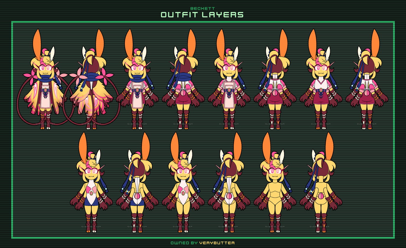 Beckett: Outfit layers A moth-like character who is bright yellow with pink accents. They have a blue scarf, pink goggles with LED screens, pink shirt, dark fuschia shorts, blue band around the waist, and pink apron holding it. It's tied around a two-colo
