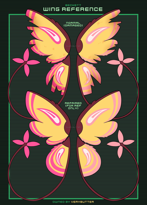 Beckett: wing reference Normal (damaged): Tattered yellow moth wings with brown trims. Two tails extend off of the lower wings, ending in star-shaped, petal-like attachments. All four wing segments have a comet-like marking, and a two-striped trim. The ma